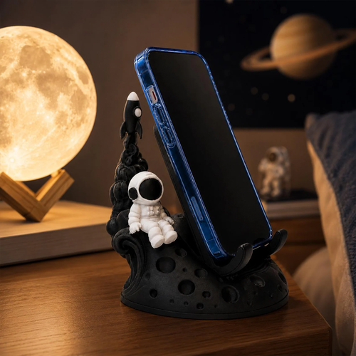 3D Printed Phone Stand With Space Motif, Astronaut And Rocket